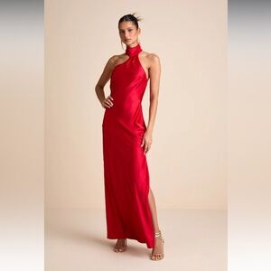 Elegant Red Halter Neck Maxi Dress with Slit